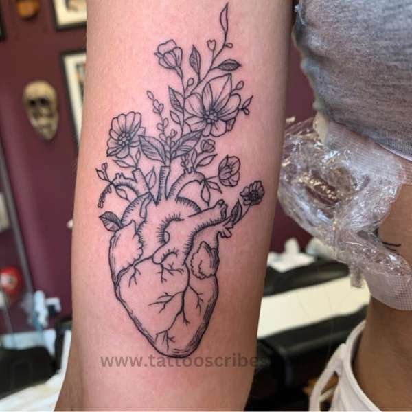 anatomical heart tattoo with flowers meaning