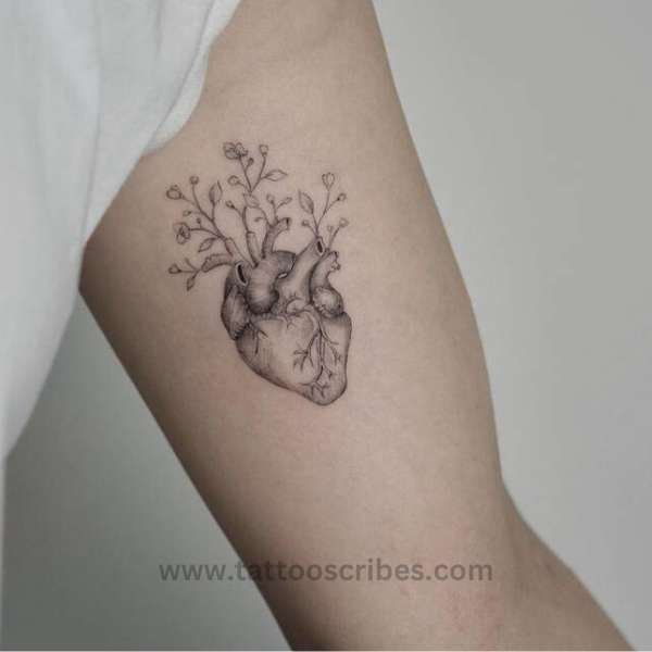 anatomical heart tattoo with flowers meaning