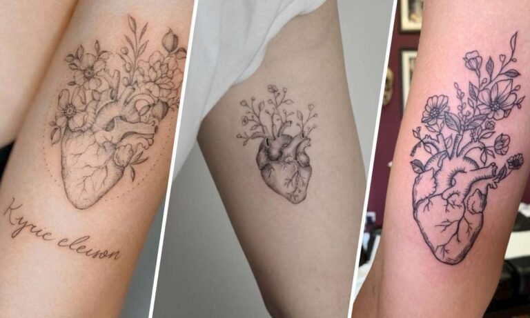 anatomical heart tattoo with flowers meaning